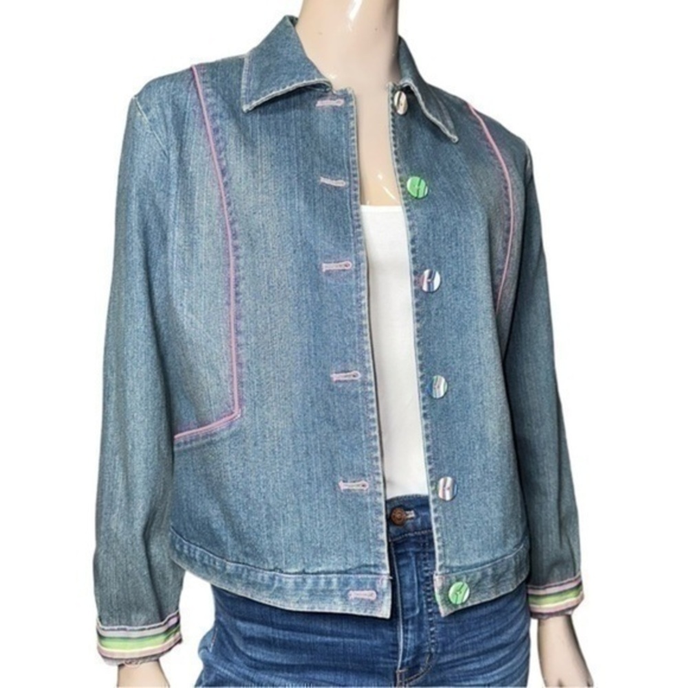 SPANNER Darling Women’s Size 8 Pink Trim Denim Stripe Buttons Jean Jacket